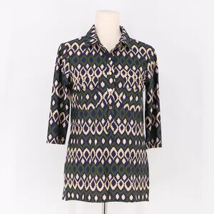 JUDE CONNALLY Jude Cloth Ikat Print 3/4 Sleeve Collared Top Dark Green Size S